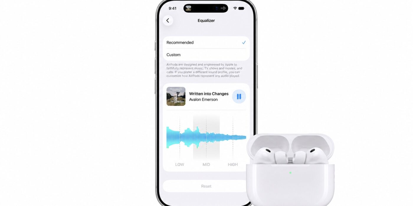 Ekvalizér AirPods v iOS 27 na iPhone vedľa AirPods Pro