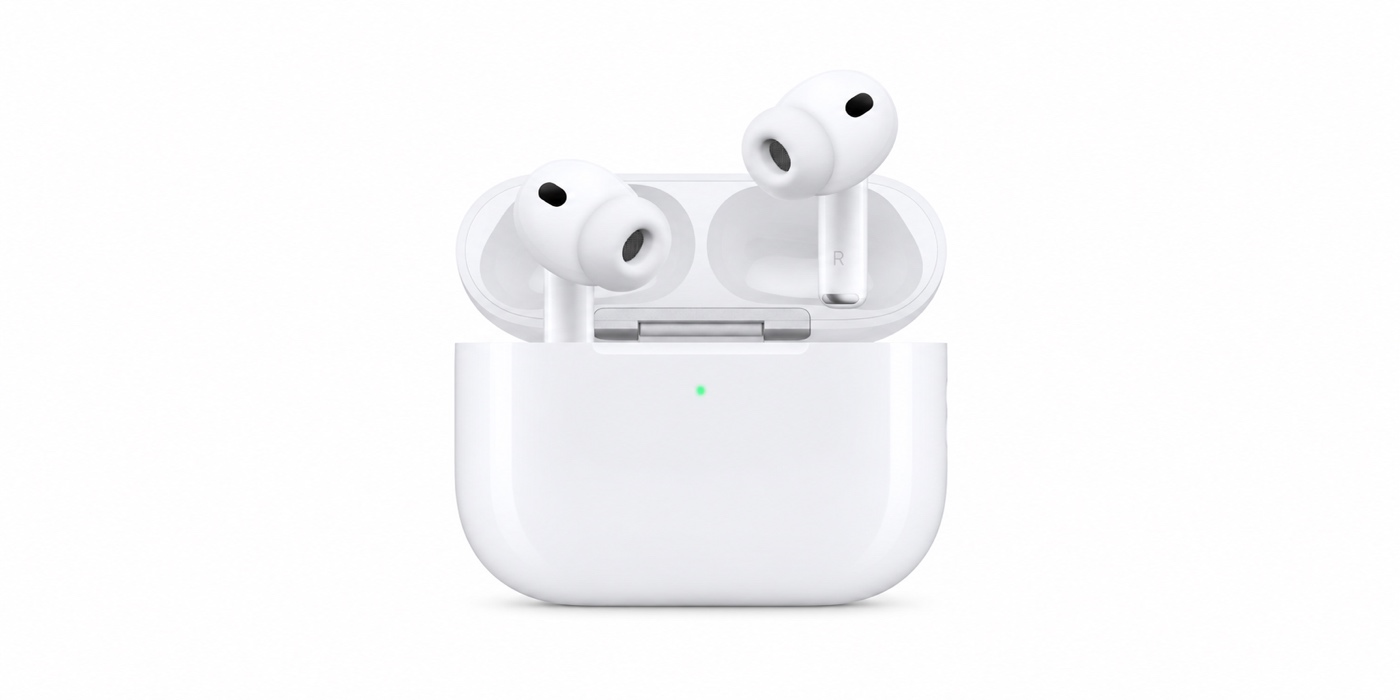 AirPods Pro 3 v otvorenom nabíjacom puzdre na bielom pozadí