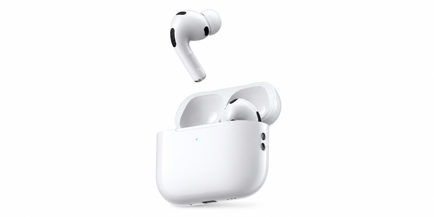AirPods s kamerami v otvorenom nabíjacom puzdre na bielom pozadí