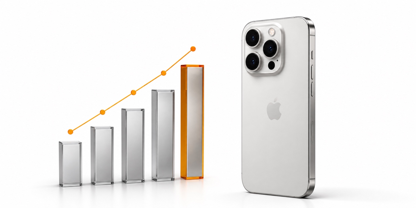 Podiel Apple na tržbách smartfónov s grafom a strieborným iPhonom 18 Pro