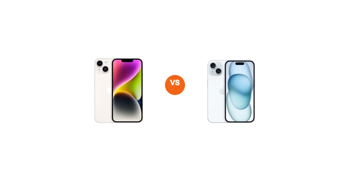 iPhone 14 vs iPhone 15 na bielom pozadí