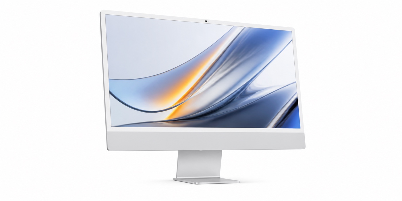 Strieborný iMac na bielom pozadí – nový MacBook Pro a iMac v októbri