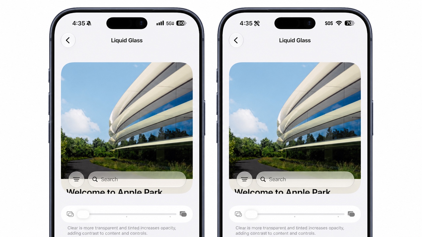 iOS 27 beta 5 – porovnanie priehľadnosti Liquid Glass