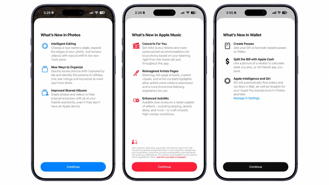 iOS 27 beta 5 – úvodné obrazovky Fotiek, Hudby a Walletu