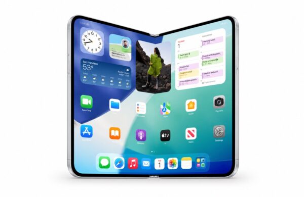 iPhone Ultra otvorený do širokého displeja na bielom pozadí