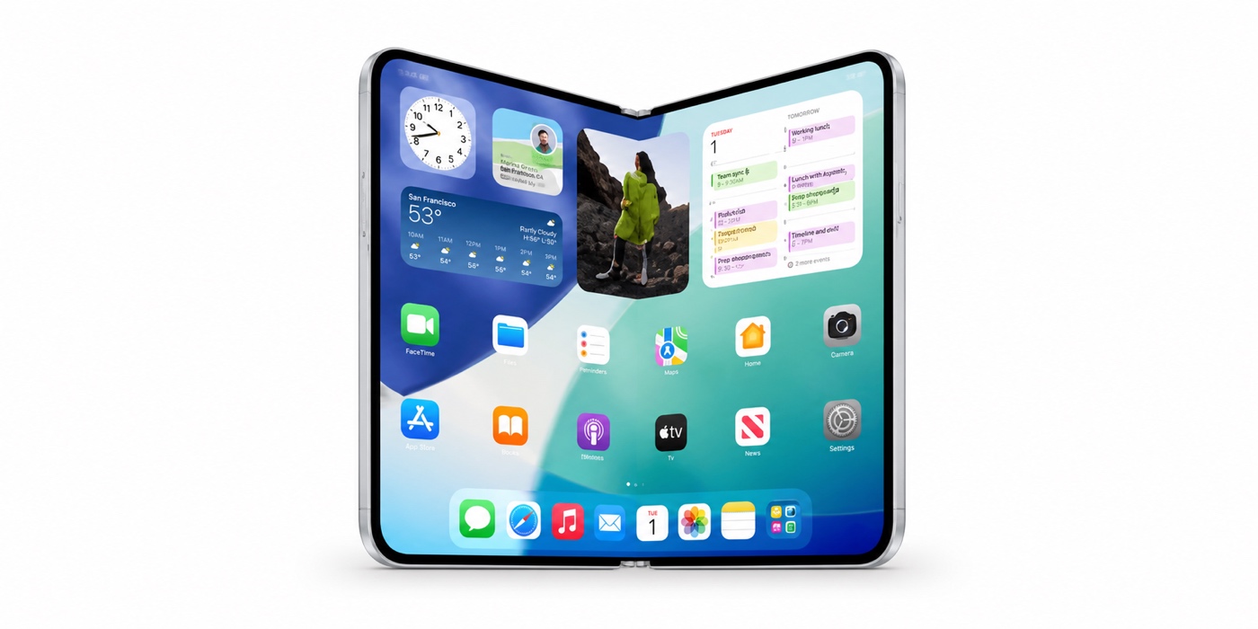 iPhone Ultra otvorený do širokého displeja na bielom pozadí