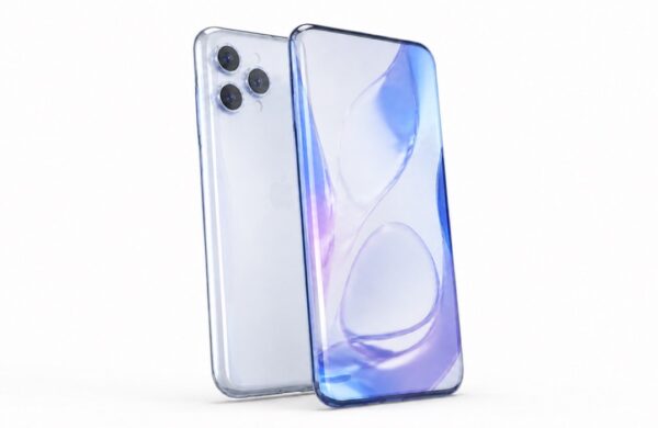 Jubilejný iPhone 20 s celoskleneným telom na bielom pozadí
