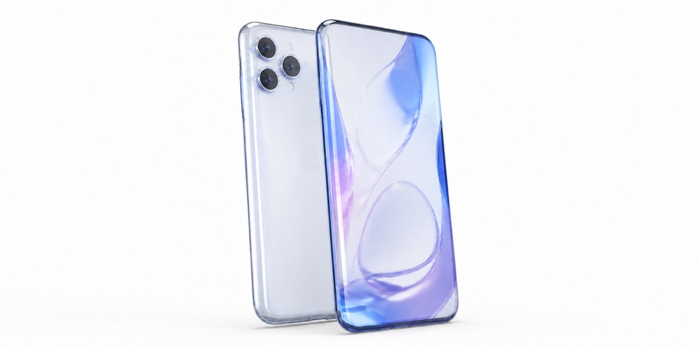 Jubilejný iPhone 20 s celoskleneným telom na bielom pozadí