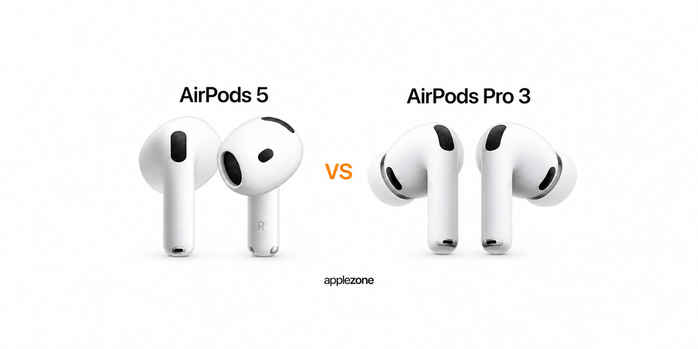 AirPods 5 vs AirPods Pro 3 na bielom pozadí