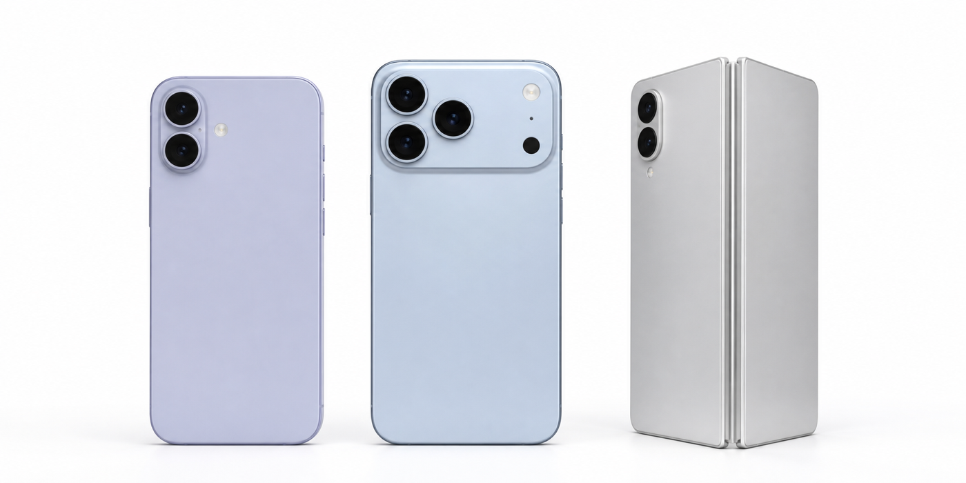 Koncepty iPhonu 18, iPhonu 18 Pro a skladacieho iPhonu Ultra na bielom pozadí