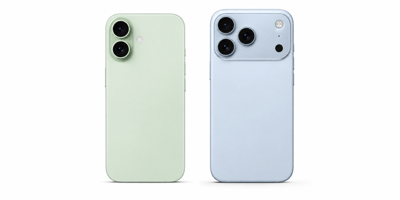 Aktuálny iPhone a koncept iPhonu 18 Pro vedľa seba na bielom pozadí