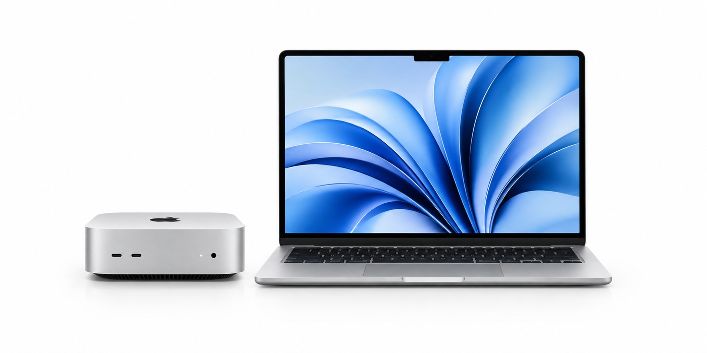 Mac mini M4 a MacBook Air M4 na bielom pozadí – ilustračná vizualizácia