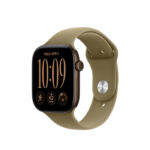 Apple Watch Series 12 s olivovým remienkom na bielom pozadí