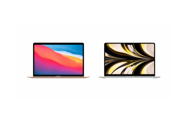 Použitý MacBook Air M1 a MacBook Air M2 na bielom pozadí