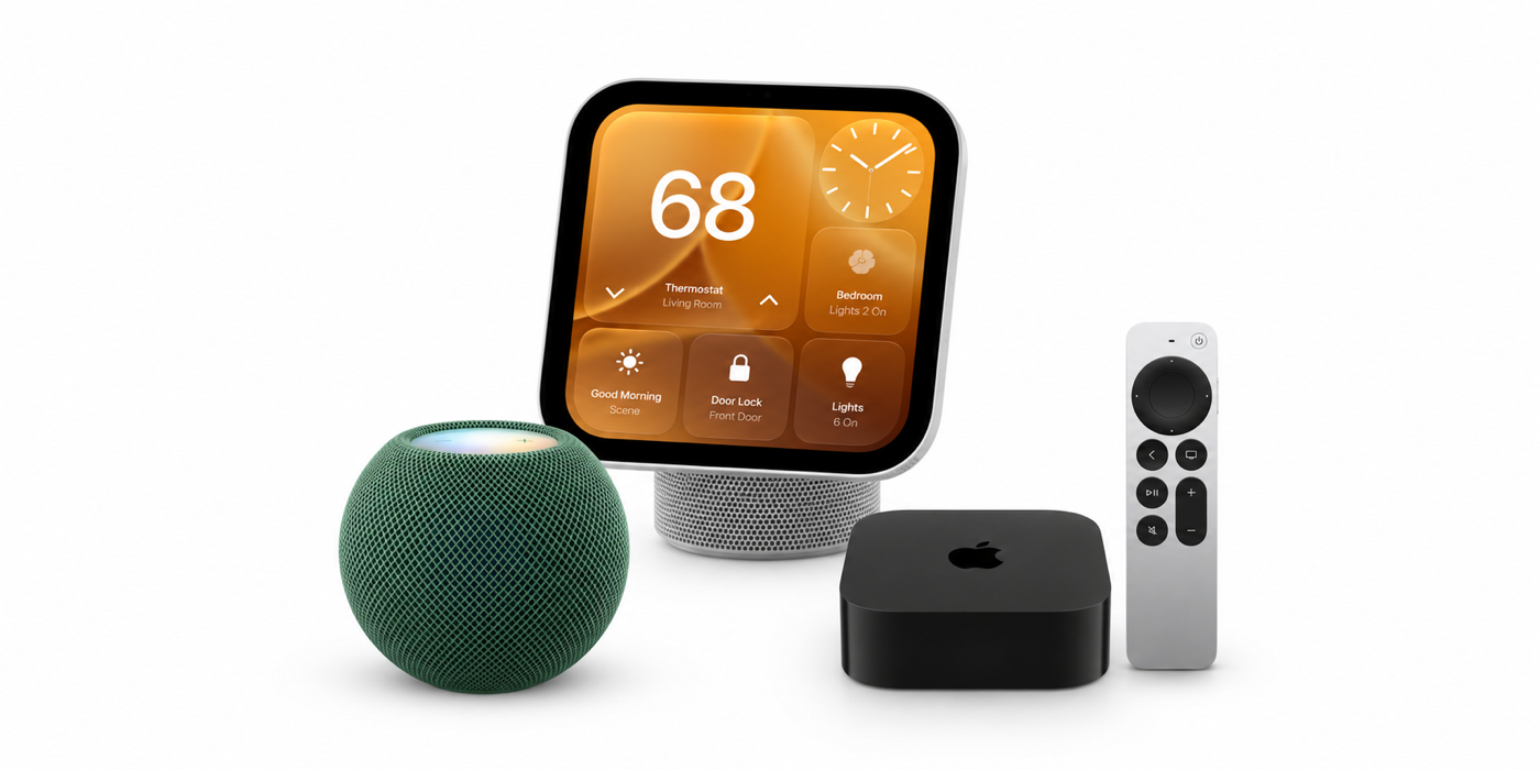 Apple Home novinky: HomeView, HomePod mini 2 a Apple TV 4K – redakčná ilustrácia podľa produktových fotografií